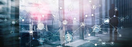 Technology industrial business process workflow organisation structure on virtual screen. IOT smart industry concept mixed media diagram. photo