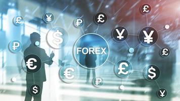 Forex trading currency exchange business finance diagrams dollar euro icons on blurred background. photo