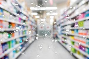 Franchise Distribution network Shop Retail Business Financial concept. Blurred supermarket background