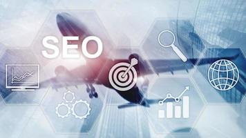 SEO - Search engine optimization, Digital marketing and internet technology concept on blurred background photo