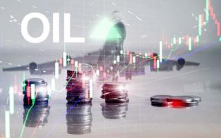 Oil trend up. Crude oil price stock exchange trading up. Price oil up. Arrow rises. Abstract business background. coins on city background photo