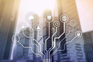 Telecommunication and IOT concept on blurred business center background. photo