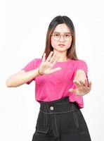 STOP or Rejection Gesture Of Beautiful Asian Woman Isolated On White Background photo