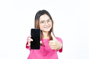 Showing Apps or Ads On Blank Screen Smartphone Of Beautiful Asian Woman Isolated On White Background photo