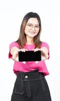 Showing Apps or Ads On Blank Screen Smartphone Of Beautiful Asian Woman Isolated On White Background photo