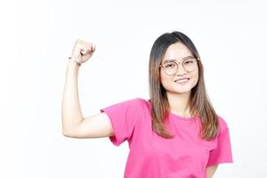 Showing strength and rise arms Of Beautiful Asian Woman Isolated On White Background photo