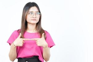 Thinking Gesture Of Beautiful Asian Woman Isolated On White Background photo
