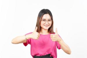 Showing Thumbs Up Sign Of Beautiful Asian Woman Isolated On White Background photo