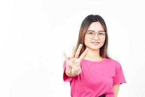 Showing count Four finger Of Beautiful Asian Woman Isolated On White Background photo