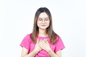 Grateful Gesture Of Beautiful Asian Woman Isolated On White Background photo