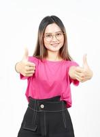 Showing Thumbs Up Sign Of Beautiful Asian Woman Isolated On White Background photo