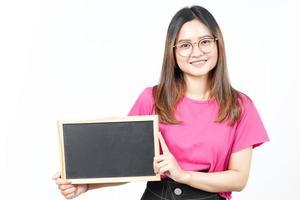 Showing, Presenting and holding Blank Blackboard Of Beautiful Asian Woman Isolated On White photo