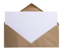 large craft envelope with a white sheet of textured paper sticking out from the inside horizontal photo isolate. mock up envelope with blank sheet png