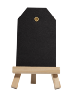 black empty tag made of black textured paper with gold eyelet standing on a wooden tripod photo isolate. mock up black tag vertically png