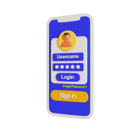 Teléfono 3d con una cuenta de usuario para iniciar sesión en el sitio web en un fondo transparente png