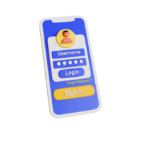 Teléfono 3d con una cuenta de usuario para iniciar sesión en el sitio web en un fondo transparente png