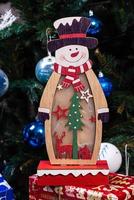 adornos navideños contra el fondo borroso. pequeño muñeco de nieve de madera. muñeco de nieve de madera rústica copo de nieve cerca de muñeco de nieve feliz sonriendo con los brazos arriba. tarjeta de felicitación de felices fiestas.
