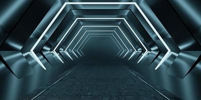Sci Fy Neon Glow Dark Corridor spaceship corridor tunnel futuristic technology Empty tunnel room with glowing neon colors background 3D illustration photo