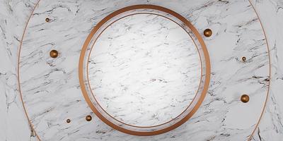 golden circle frame on the marble wall Empty golden frame and background simple minimalist style interior backdrop Space for text 3D illustration photo