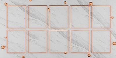 golden square frame on the marble wall Empty golden frame and background simple minimalist style interior backdrop Space for text. 3D illustration photo