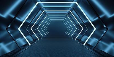 Sci Fy Neon Glow Dark Corridor spaceship corridor tunnel futuristic technology Empty tunnel room with glowing neon colors background 3D illustration photo