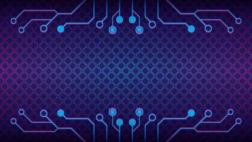 Cyberpunk Circuit With Diamond Geometric Pattern. Electronic Tree Shape Vector Illustration. Dystopian Abstract Background Design Template. Blue Pink Purple Violet Gradient Color Theme.