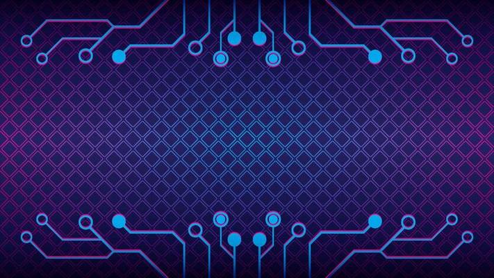 Cyberpunk Circuit With Diamond Geometric Pattern. Electronic Tree Shape Vector Illustration. Dystopian Abstract Background Design Template. Blue Pink Purple Violet Gradient Color Theme.