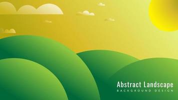 Abstract minimal landscape view with sky, clouds, mountains and sun shape element. Background design template. Creative vector illustration. Green and yellow color theme.