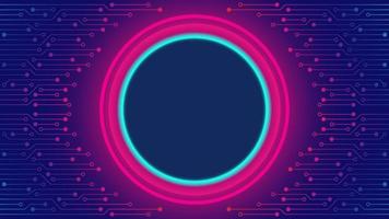 Cyberpunk Circuit Board Background Design Template. Abstract Technology Vector Illustration with Neon Ring in the middle. Sci-Fi PCB Trace Data Transfer Design Concept.