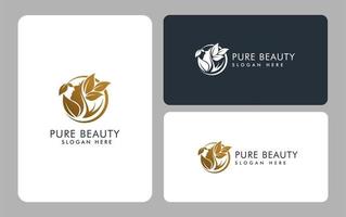 Natural Beautiful woman's face flower logo with gold gradient and business card design for beauty salon Premium Vector