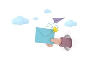 Hand hold an envelope and bell of sending notification icon with paper airplane. photo