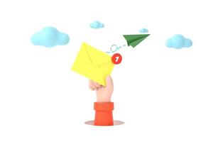 Hand hold an envelope of sending notification icon with paper airplane. photo