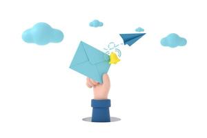 Hand hold an envelope and bell of sending notification icon with paper airplane. photo