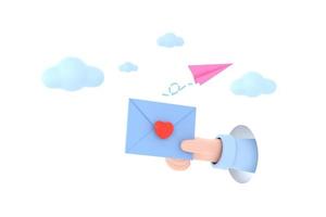 carta de sobre de icono, carta de correo con corazón rojo y avión de papel. foto