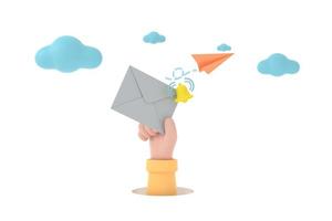 Hand hold an envelope and bell of sending notification icon with paper airplane. photo