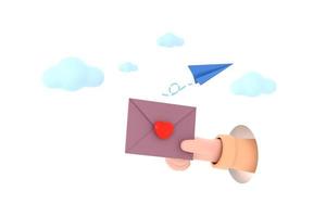 carta de sobre de icono, carta de correo con corazón rojo y avión de papel. foto