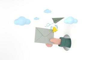 Hand hold an envelope and bell of sending notification icon with paper airplane. photo