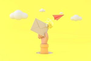 Hand hold an envelope and bell of sending notification icon with paper airplane. photo