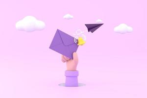 Hand hold an envelope and bell of sending notification icon with paper airplane. photo