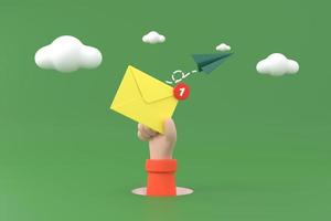 Hand hold an envelope of sending notification icon with paper airplane. photo