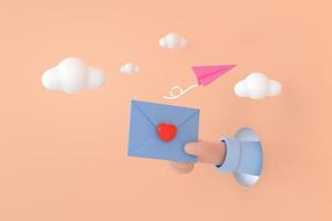 carta de sobre de icono, carta de correo con corazón rojo y avión de papel. foto