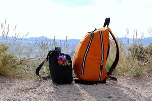 Travel to Goreme, Cappadocia, Turkey. Two bags with colorful flowers on the mountains background. photo