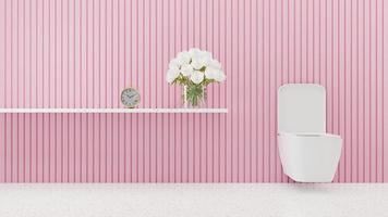 Cuarto de baño de pared rosa de renderizado 3d con rosa blanca en vidrio foto