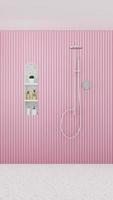 3D rendering Pink Toilet With White Terrazzo And Silver Shower photo