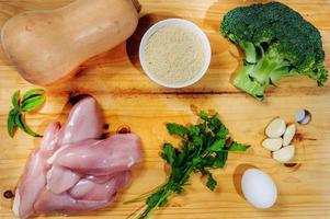 Raw ingredients. Ready to be cooked. Recipe for chicken stew, European cuisine, cooked with a garnish of mushrooms, small onions and other. photo