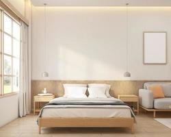 dormitorio de estilo minimalista decorado con mesita auxiliar y lámpara colgante. representación 3d foto