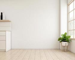 habitación vacía de estilo japonés decorada con paredes blancas y suelo de madera. representación 3d