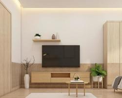 salón de estilo minimalista decorado con mueble de tv y mesa auxiliar. representación 3d foto
