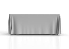 3D Illustration of a White Table Cloth draped over a Trestle Table with a rendered fabric texture. Front View. Isolated on a white background for mockups and illustrations. photo