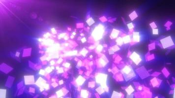 Abstract flying small purple glowing glass squares shiny energetic magical on a dark background. Abstract background. Video in high quality 4k, motion design